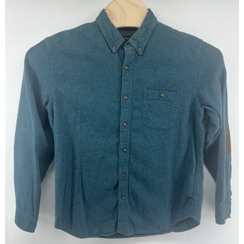 J Crew Cotton Wool Blend Button Front Shirt Large Leather Elbow Patches Teal